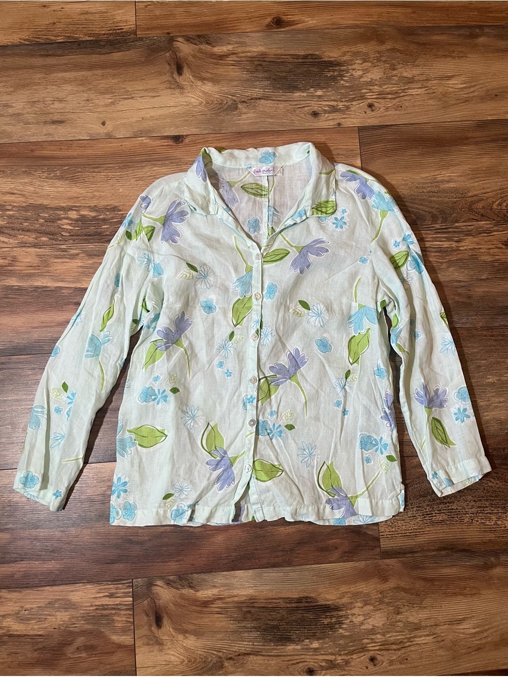 Fresh Produce 100% Linen Top L Floral White Button Up Long Sleeve Lagenlook